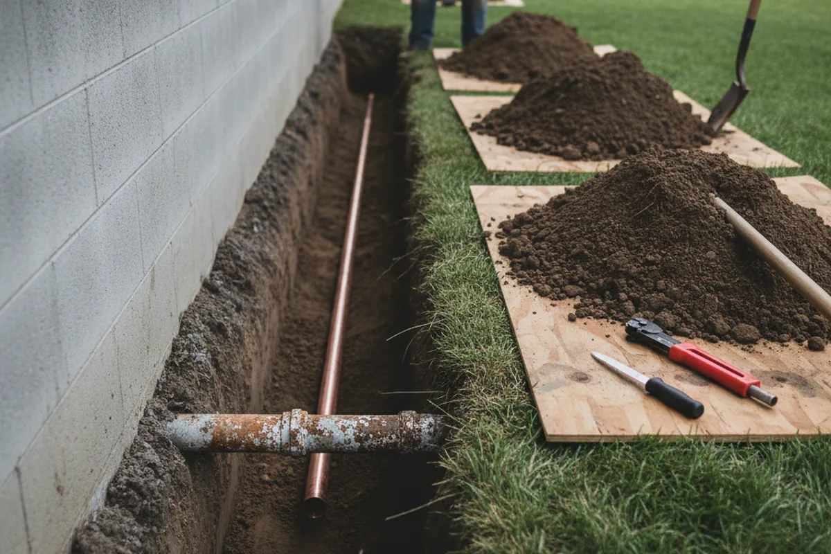 Excavated water line trench during Sewer Line Repair in Fort Ogden
